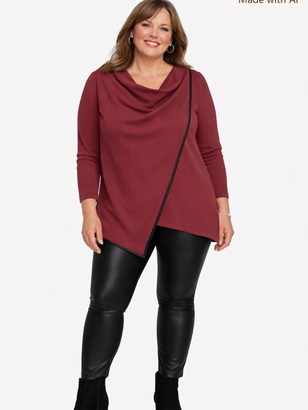 MNY Wine Long Sleeve Thermal Tunic Faux Leather Trim Performance Top  Size 1X